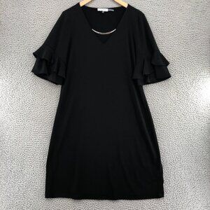 Calvin Klein Dress Womens Medium Black Knee Shift Ruffle 1/2 Sleeve Travel Knit